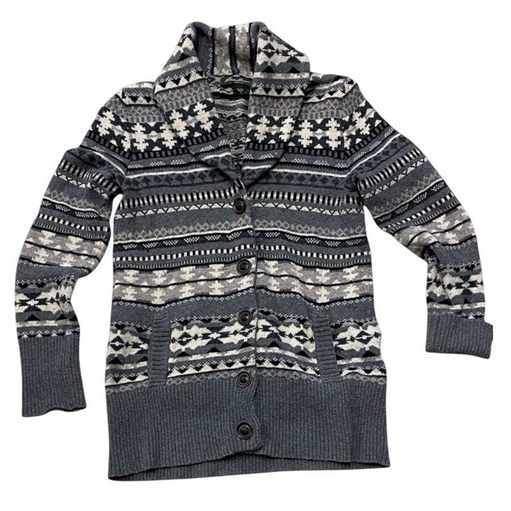 Eddie Bauer Cardigan Sweater‎ Cozy Cabincore Grey Fair Isle Shawl Collar  Small